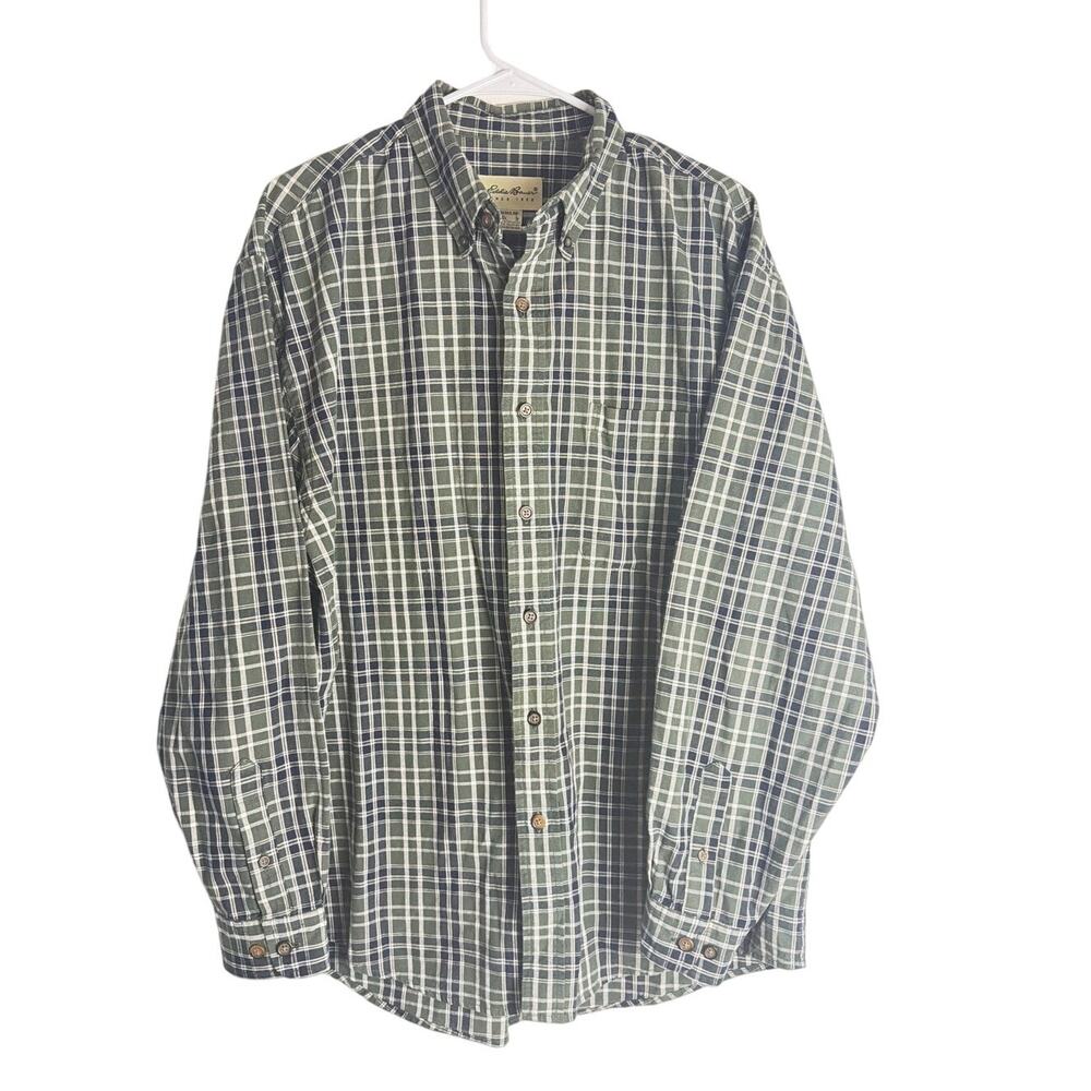 Eddie Bauer Mens Size L Plaid Long Sleeve Button Down Shirt 100% Cotton Green